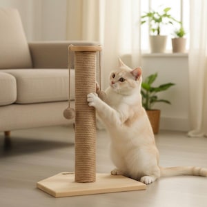 Sisal Cat Scratching Post with Pom Pom Toy: Modern Pine Wood Furniture
