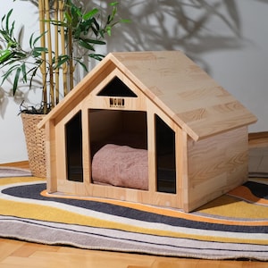 Luxury Wooden Cat House - Handmade Bungalow Style Indoor Cat Shelter, Comfortable Pet Bed with Soft Cushion, Modern Wooden Cat Furniture