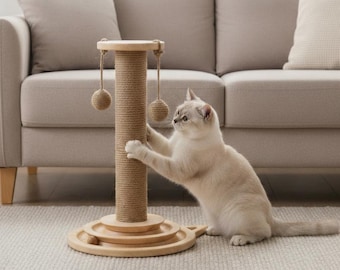 Natural Wood Cat Scratching Post with Sisal Rope & Interactive Toy Ball Track