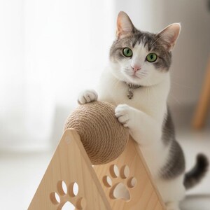 Handmade Wooden Cat Scratcher: Sisal Ball Toy, Natural Pine