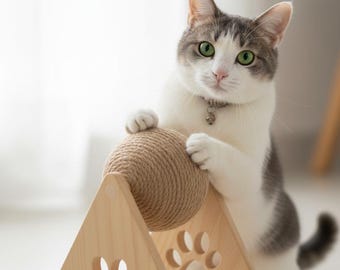 Handgefertigte Holzkatzenkratzer: Sisal Ball Spielzeug, Natürliche Kiefer