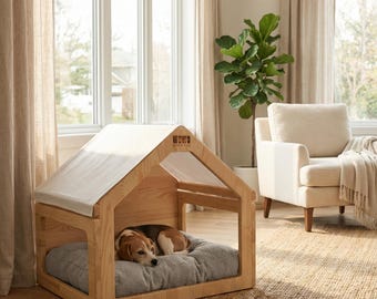 Handmade Pine Wood Pet House with Canopy: Modern Cat & Small Dog Bed