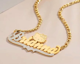 Custom Name Plate Necklace, Kitty Cat Necklace, Double Plated Name Necklace, Gold Name Necklace, Personalized Unique Gifts,Bday Gift