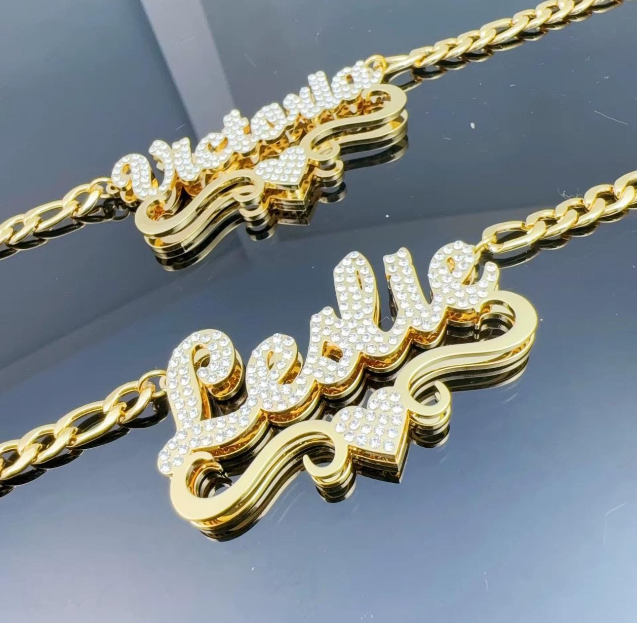 Custom Double Plate Diamond Necklace, Heart Nameplate Necklace, Bling Name Necklace, Personalized Jewelry, Gold Name Necklace, Personalized