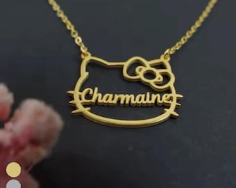 Cute Kitty Cat Name Necklace, Personalized Cat Name Necklace, Kitty Gold Necklace,  Name Necklace,Name Pendant Necklace,Bday Gift