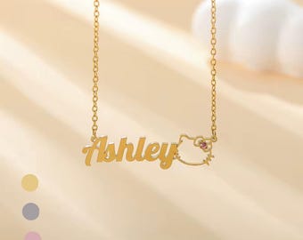 Cute Kitty Cat Name Necklace, Personalized Cat Name Necklace, Kawaii Gold Necklace,Birthstone Name Necklace,Name Pendant Necklace,Bday Gift