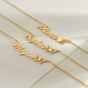 Custom Birth Butterfly Necklace, Personalized Name Gold Necklace, Butterfly Name Necklace, Minimalist Necklace, Dainty Script Necklace