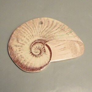 May include: A ceramic ornament shaped like a nautilus shell with a brown and white spiral pattern. The ornament has a hole at the top for hanging.