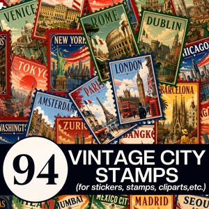 May include: A collection of 94 vintage-style city stamps featuring colourful illustrations of global landmarks like the Eiffel Tower, Big Ben, and the Colosseum. Each stamp includes the city name in bold text, creating a decorative travel-themed set.