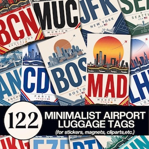 May include: A collection of rectangular airport luggage tags featuring stylised city skylines, airport codes like BCN, MUC, JFK, and MAD, and sunset illustrations. The text 122 MINIMALIST AIRPORT LUGGAGE TAGS (for stickers, magnets, cliparts,etc.) is visible.