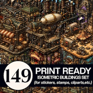 May include: Isometric buildings set with a steampunk theme. The image features detailed illustrations of various structures, including a bakery, a book cafe, and an aquarium. The buildings are rendered in shades of brown, gold, and copper, with intricate mechanical details. Text reads "149 Print Ready Isometric Buildings Set".