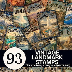 May include: A collection of 93 vintage-style landmark stamps featuring illustrations of national parks and scenic locations like Yellowstone, Grand Canyon, and Niagara Falls, with text labels and a 10-cent denomination on each stamp design.