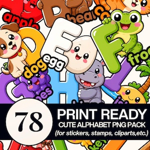 Puede incluir: Una colorida ilustración del alfabeto con lindos animales. La imagen incluye el texto "78 PRINT READY CUTE ALPHABET PNG PACK (for stickers, stamps, cliparts, etc.)". Las letras son de varios colores y estilos.