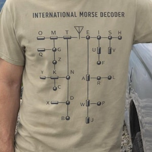 Può includere: Maglietta beige con la scritta "INTERNATIONAL MORSE DECODER" e un diagramma dei simboli Morse. La persona è in piedi accanto a un pick-up argentato.