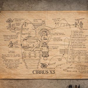 Peut inclure: Atelier vintage avec un plan détaillé « CIRRUS X3 » accroché au mur. L'établi est encombré d'outils, d'une lampe de bureau allumée et d'un bloc-notes. La palette de couleurs est chaude, avec des bruns et des jaunes.