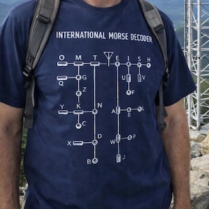 Può includere: Maglietta blu navy con la scritta "INTERNATIONAL MORSE DECODER" e un diagramma dei simboli Morse. La persona indossa la maglietta sulla cima di una montagna rocciosa, con una torre radio sullo sfondo.