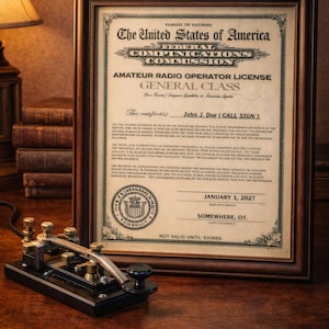 May include: A framed Amateur Radio Operator License from the Federal Communications Commission. The certificate, dated January 1, 2027, features the name John J. Doe and a Morse code key.