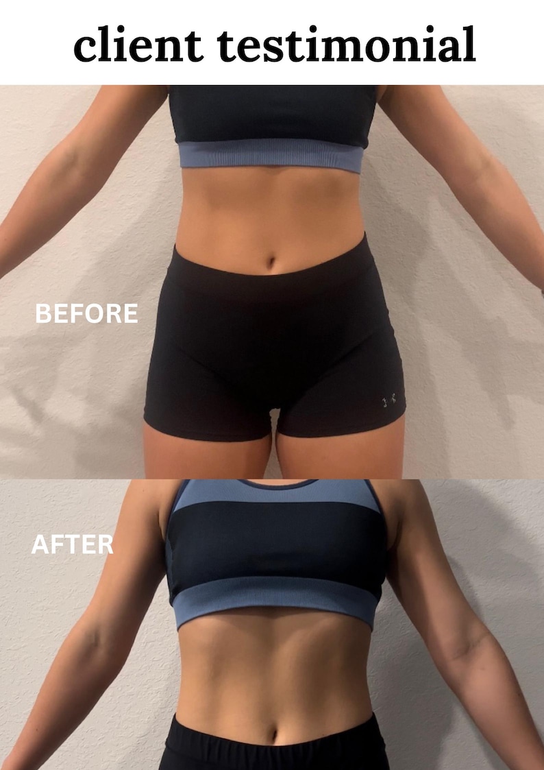 May include: Before and after photos showing a person's stomach. The person is wearing black athletic shorts and a black sports bra in the before photo. The person is wearing black athletic shorts and a blue and black sports bra in the after photo.