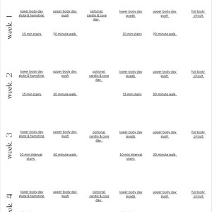 May include: A weekly workout planner with a grid layout. The planner is divided into six days, with each day having a different workout routine. The workouts include lower body, upper body, cardio and core, and full body circuit. The planner also includes the duration of each workout, such as 10 minutes, 15 minutes, 20 minutes, and 30 minutes.