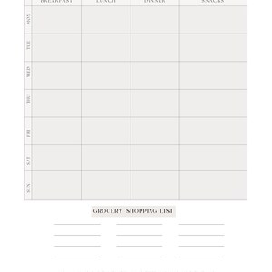 May include: A printable meal planning template with a weekly calendar grid for breakfast, lunch, dinner, and snacks. It also includes a grocery shopping list section and a quote about the benefits of meal planning.