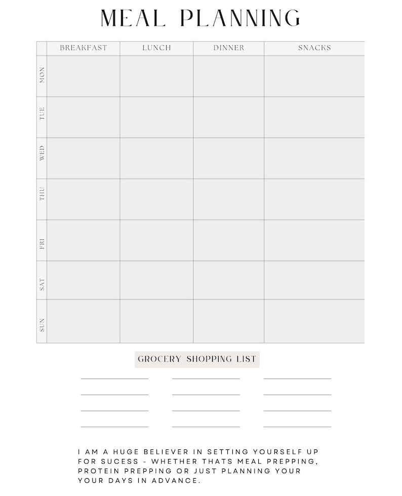 May include: A printable meal planning template with a weekly calendar grid for breakfast, lunch, dinner, and snacks. It also includes a grocery shopping list section and a quote about the benefits of meal planning.