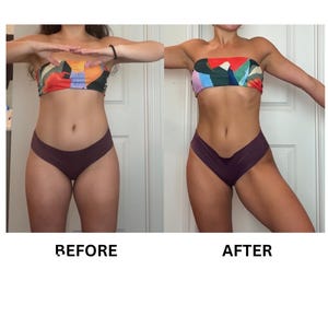 May include: Before and after photos of a person wearing a colorful bandeau top and purple bikini bottoms. The person is standing with their arms outstretched in both photos. The photo on the left shows the person before a fitness program, and the photo on the right shows the person after a fitness program.