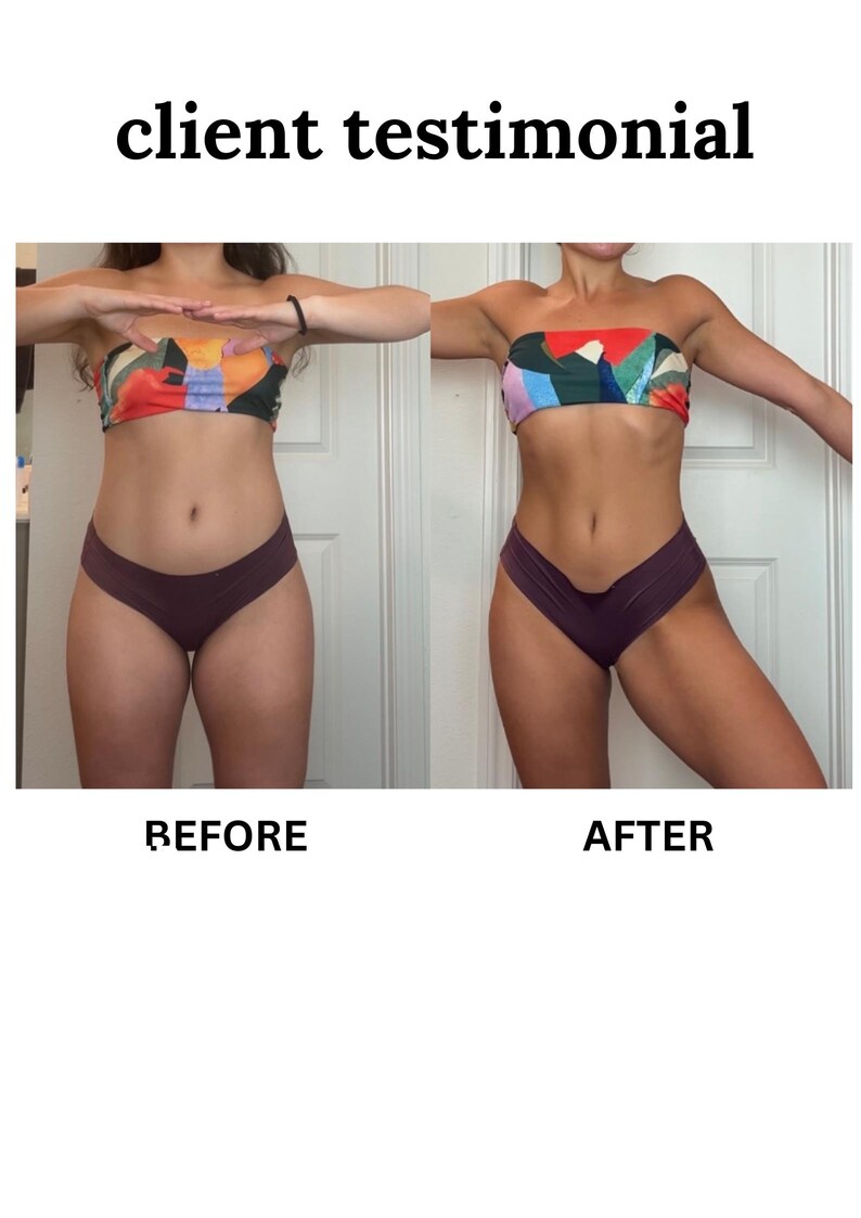 May include: Before and after photos of a person wearing a colorful bandeau top and purple bikini bottoms. The person is standing with their arms outstretched in both photos. The photo on the left shows the person before a fitness program, and the photo on the right shows the person after a fitness program.