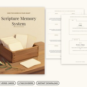 Sistema di memorizzazione delle Scritture stampabile, 48 schede con versetti della versione King James, 6 divisori con linguette, 2 tracker, kit per la memorizzazione della Bibbia per una scatola di schede 3x5, PDF
