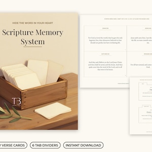 Scripture Memory System Printable, 48 KJV Verse Cards, 6 Tab Dividers, 2 Tracker Sheets, Bible Memorization Kit for a 3x5 Card Box, PDF