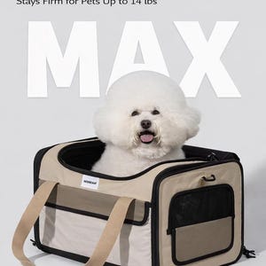 May include: A beige and black pet carrier with a white dog inside. The carrier has a handle and a mesh window. Text on the image reads "EXTRA-LARGE SIZE" and "Stays Firm for Pets Up to 14 lbs."