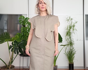 Minimalist cotton dress with sculptural ruffle detail – handmade beige shift dress, modern silhouette, EU size 40