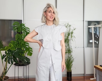 Cotton Summer Dress Women – Sculptural Light Grey Dress – Sleeveless Minimalist Shift Dress – Handmade Modern Outfit – Size 38