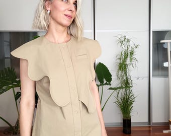 Beige Sculptural Cotton Dress EU 42 – Handmade Modern Midi Dress with Side Pockets, Unique Women’s Clothing, Statement Minimal Style