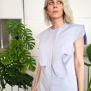 Light Blue Sculptural Cotton Top EU 42 Handmade Unique Women’s Blouse, Modern Artistic Shirt, Statement Fashion, Creative Clothing