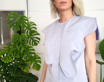 Light Blue Sculptural Cotton Top EU 42 Handmade Unique Women’s Blouse, Modern Artistic Shirt, Statement Fashion, Creative Clothing