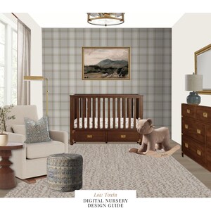 Guida alla progettazione della cameretta dei bambini, moodboard e lista degli acquisti per una cameretta per neonati a tema orsetto di peluche biologico e a basso contenuto di tossine, download PDF digitale