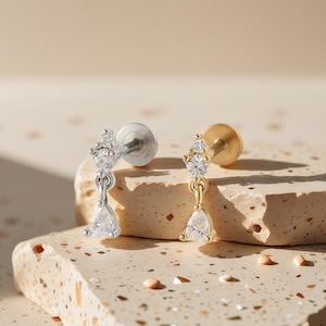 Cz Dangle Push Pin Labret • Threadless Flat Back Earring • Tragus Stud • Flat Back Stud • Helix Stud • Cartilage Stud