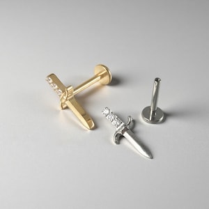 16G Titanium Dagger Sword Stud Earring, Tragus Earring, Helix, Cartilage, Internally threaded, Flat Back Earring, Gift for Her
