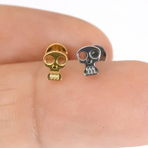 16G Titanium Tiny Skull Labret Stud Earring, Tragus Earring, Helix, Cartilage, Internally threaded, Flat Back Earring