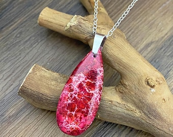 Natural Jasper Necklace, Red Gemstone Drop Necklace Gold / Silver, Bohemian Pendant, Healing Jewelry