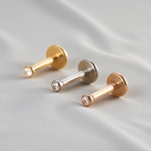 16G Titanium Bezel CZ Labret Stud Earring • Tragus Earring • Helix • Cartilage • Internally threaded • Flat Back Earring • Gift for Her
