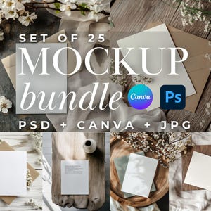 May include: Set of 25 mockup bundle for Canva and Photoshop. The image shows a variety of mockups with different backgrounds and textures, including wood, fabric, and flowers. The mockups are ideal for showcasing your designs, branding, or products.