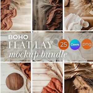 May include: A collection of 25 boho flat lay mockups for Canva, featuring various textures and colours, including wood, fabric, and dried flowers. The mockups are perfect for showcasing products, branding, and social media content.