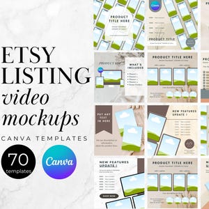 May include: A collection of 70 Canva templates for Etsy video listing mockups. The templates feature a variety of designs, including a product title, a description of the product, and a call to action. The templates are designed to help Etsy sellers create professional and engaging video listings.