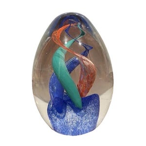 Vintage Art Glass Paperweight Egg Shape Swirl Spiral Red Blue Green Retro