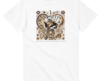 May include: White t-shirt with a brown and gold graphic of a man playing bagpipes. The graphic is surrounded by geometric shapes and the text "Proudly Scottish - Uniquely Loud".