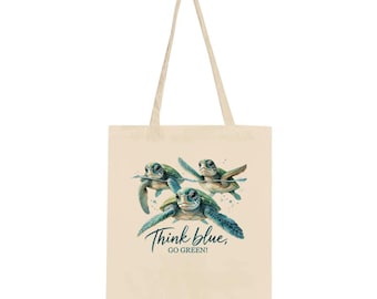 May include: A beige tote bag with a design of three sea turtles swimming. The text "Think blue, go green!" is printed on the bag.