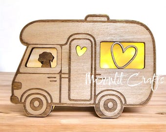 Motorhome Camper Van Table or Night Light, Dog & Heart Cutouts, USB Powered