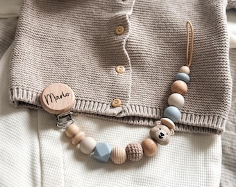 Gepersonaliseerde speenketting - beige en blauw - met teddyberen - voor jongens - kraamcadeau - doopcadeau