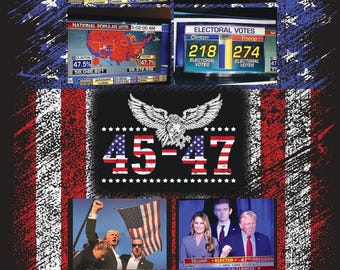 Può includere: Un collage con immagini relative a un'elezione presidenziale statunitense, che incorpora la bandiera americana. Il testo include "America Decides", "Electoral Votes" e conteggi dei voti. La grafica centrale mostra un'aquila e i numeri "45-47."